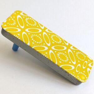 Vintage Made in USA Tin Litho Noisemaker Toy- Yellow Blue Mod Atomic Collectible